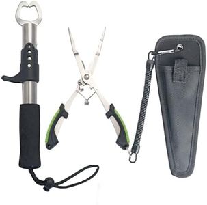 BSPIX Fishing Gear Set - Long Nose Stainless Steel Fishing Pliers 8.5", Fish Lip Gripper, Telescopic Lanyard & Sheaths - Multi-Function Saltwater Resistant Fishing Tools (Green)