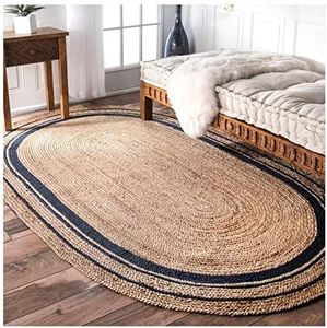 Ripaz Vogue Jute Rug Natural Jute Hand Braided Oval Shape Area Rug Hallway Rug Living Room Rug (60 x 90 cm (2x3 Feet), Beige + Black Line)