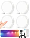 Rechargeable RGB Puck Lights with Remote Control, 1600mAh Battery Stick On Spot Lights for Cupboard USB Multi Coloured Under Kitchen Cabinet Lights Magnetic LED Touch Light for Display Shelf Bookcase