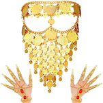 Lady Cosplay Belly Dance Jewelry Coin Veil Sets Halloween Carnival Play Accessories Egyptian Gold Bracelets with Finger Nails Gypsy Egyptian Bracelet for Halloween Costume