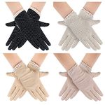 MarJunSep 4 Pairs Summer Women Dots Sun Uv Protection Gloves Cotton Lace Anti-skid Driving Gloves, Black Camel Pink Beige, Medium