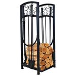 Sunnydaze Small Firewood Rack with 4-Piece Fireplace Tool Set - Includes Firewood Holder, Log Grabber, Brush, Shovel, and Poker - Black - 32" H