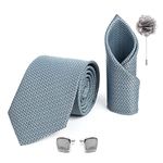 RIZORO Mens Plaid Micro Self Silk Necktie Gift Set With Pocket Square Cufflinks & Brooch Pin Formal Tie With Leatherite Box (Silver SIDISLRX Free Size)