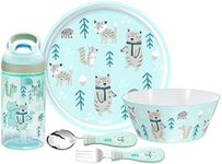 zak! Forest Friends - 5-Piece Dinnerware Set - Durable Plastic & Stainless Steel - Includes Water Bottle, 8-Inch Plate, 6-Inch Bowl, Fork & Spoon - Suitable for Kids Ages 3+