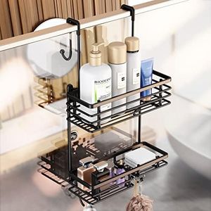 Gaseawolf Over Shower Door Caddy, Hanging Organizer With 2-Tier Rack and Hooks, Holds Body Wash, Shampoo, Soap, Razor, Towel