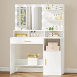 Hzuaneri Vanity Desk with Mirror and 10 LED Lights, Makeup Vanity with 3 Shelves & 4 Open Compartments, Dressing Table with Large Drawer & Cabinet, 3 Adjustable Lighting Brightness, White DT41303XCA