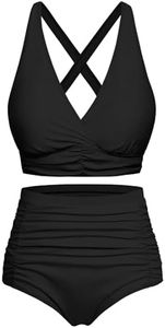 Voqeen Femme Maillots de Bain Deux Pièces Push-up Ensembles Taille Haute Bikini Set Froncé avec Contrôle du Ventre Col V Élégant