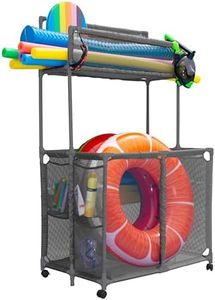 Pool Bins Pool Storage Equipment Organizer Holder - Noodles, Toys, Balls and Floats Mesh Rolling Double Decker Bin, Large with Noodle Rack, (23" L x 35.3" W x 59.4" H), Gray