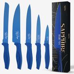 Toni Sharpe Kitchen Knife Set of 5 Sapphire Blue Knives with Ergonomic Handle - Stainless Steel Chef, Carving, Bread, Utility and Paring Knife for Cooking and Baking