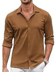 COOFANDY Mens Casual Button Up Shirts Long Sleeve Slim Fit Stretchy Dress Shirts Light Brown