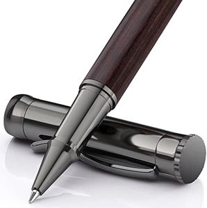 WEMATE Wood Rollerball Pen Set, Extra 2 Ink Refills(1 Black & 1 Blue), Fancy Writing Pen Nice Luxury Office Gift for Men, Professional, Executive, Cool Wooden Pen for Journaling - Black Oak