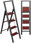 Step Ladder 4 Step Folding, Decorative - Beautiful Mahogany & Black Aluminum, Ultra Slim Profile, Anti Slip Steps, Sturdy-Portable for Home, Office, Kitchen, Photography Use,by SORFEY