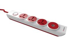 Goldmedal I-Design 4X4 Power Strip with USB (White and Red) – 3 Outlet International Sockets, 2-meter Cable, Dual USB Port – Output 2100 mA, with Individual Switch & Indicator for Home & Office