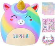 Piggy Bank Girls Unicorn Piggy Banks Cute Unbreakable Resin Coin Money Bank with Stickers Bracelet Set for Kids Toddlers, Rainbow