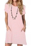 Alaster Women’s Casual Summer T Shirt Dress Loose Short Sleeve Tunic Dress with Pocket for Women, A-pink Striped, Large