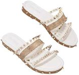 Cape Robbin Xtreme Flat Slide Sandals Rhinestone White Gold Spiked Mule (6, WHITE)