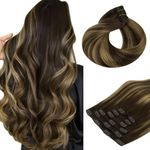 Clip in Hair Extensions, hotbanana Balayage Chocolate Brown to Caramel Blonde Clip in Hair Extensions Real Human Hair Straight Remy Hair Clip in Hair Extensions 16 inch 120g 7pcs