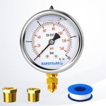 Hansfelds 0-10bar Pressure Gauge Liquid Filled 1/4'' BSP Lower Mount 63mm Dial Face satainless steel case Brass Internal and Connection Dual Scale bar/psi Accuracy 1.6. Reducer:1/4-3/8 and 1/4-1/2