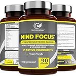 Mind Focus Brain Booster Supplement - Cognitive Enhancer – Nootropics with 21 Brain Boosting nutrients with Gingko Biloba & L-Theanine for Mental Performance & Memory, 90 Vegan Capsules, UK Made