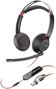 Poly Blackwire 5220 schnurgebundenes Headset, Flexibler Mikrofonarm mit Noise Cancelling, Ergonomisches Design, Verbindung mit PC/Mobilgeräten über USB-C, USB-A oder 3,5 mm, Teams/Zoom kompatibel