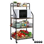 4 Tier Rolling Kitchen Bakers Rack with Storage 5 S Hooks, Kitchen Rolling Utility Cart with Shelves Wire Basket, Kitchen Serving Bar Cart, Microwave Oven Stand Fruit Vegetable Spice Organizer Rack