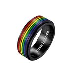 Bandmax Rainbow Spinner Rings Size 7 Black Plated Custom Engraved Name Date Fidget Rings for Men Women LGBT Gay Band 7.8MM Wide, Gift Packed