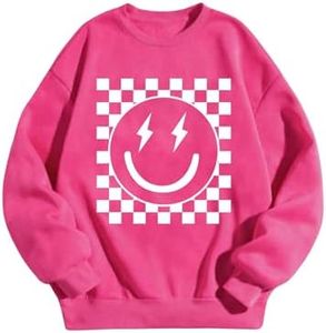 SHENHE Girl's Checkered Sweatshirt Smiley Face Graphic Cute Preppy Crewneck Sweatshirt Pullover Top Fall Hot Pink 10 Years