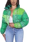 Flygo Women's Bandana Print Y2K Cropped Puffer Jacket Padded Zip Up Bubble Coat(Green-XS)