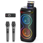 JYX Karaoke Machine with 2 Wireless Microphones for Adults, Big Bluetooth Party Speaker with LED Disco Light, Support TWS/USB/AUX/TF Card Input, Perfect for Outdoor, Home (Black)