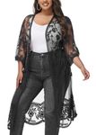 ANNA-KACI Women's Plus Size Long Embroidered Lace Kimono Cardigans with Half Sleeves, Black, X-Large-XX-Large