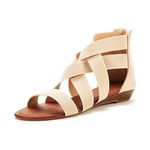 DREAM PAIRS Elastic Strappy Flats Sandals Womens Open Toe Summer Beach Low Wedges Shoes ELASTICA8,Size 5,Nude,ELASTICA8