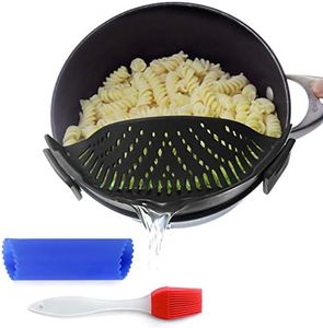 Clip-On Kitchen Food Strainer for Spaghetti, Meat, Pasta, & Ground Beef Grease, Colander & Sieve Snaps or Clip On Bowls, Pots & Pans. Includes Silicone Strainer Drainer, Brush & Garlic Peeler (Black)