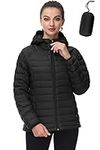 SLOW DOWN Women Lightweight Down Puffer Jacket, Women Hooded Packable Winter Jacket with 2 Packing Bag (Black, L)