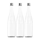 Glorioso Glass Water Bottle with plastic Silver Screw Cap for Beverages, Oil, Vinegar, Beer, Water, Soda, Airtight Lid & Leak Proof Cap - Clear Set of (3) (Plain Narrow Mouth)