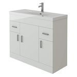 VeeBath Sobek High Gloss White Free Standing Basin Vanity Cabinet Unit with 2 Swing Doors & Rectangular Sink Flatpack (1000mm)