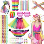 80s Fancy Dress for Women Girls, 1980s Party Costume Accessories Set Bumbag Tutu Skirt Leg Warmer Earrings Fishnet Gloves Necklace Glasses Bracelet Headband, Retro Outfit for 80s Party/Dress up Day