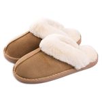 Misolin Womens Slipper Memory Foam Fluffy Slip-on House Faux Suede Fur Lined/Anti-Skid Sole, Indoor & Outdoor Light Brown 5.5/6.5 UK, Light Brown