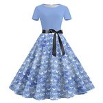 Vintage Cocktail Dress for Women, 1950s Tea Party Dresses, Fit Flare Aline Church Dress Butterfly Print Swing Dresses Blue