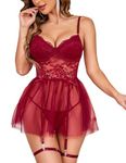 Avidlove Women's Lingerie Sexy Lace Babydoll Underwire Lingerie with Garter and Chain Slip Nightdress Red Honeymoon Outfits