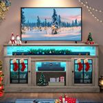 YITAHOME Modern TV Stand for 75 Inch TV with LED Lights, 32'' Tall Mid Century Modern TV Cabinet w/Adjustable Shelves & Glass Doors, Entertainment Center Media Console Table for Living Room, Grey Wash