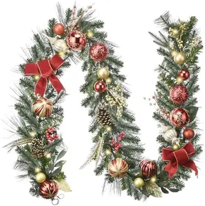 Valery Madelyn 9 Feet Pre-Lit Christmas Garland with Lights for Mantle, Lighted Outdoor Xmas Garland with Red Gold Balls & Bow for Home Stairs Fireplace Table Centerpiece Indoor Holiday Party Decor