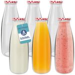 HEFTMAN Glass Milk Bottles with Lids - Empty 500ml Set of 6 Airtight Glass Milk Bottle with Red Gingham Lids for Beverages, Liquids & Décor - Retro Glass Juice Bottles for Weddings, BBQ's & Picnics
