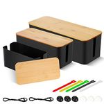 3 Pack Cable Management Box, Wire Organizer Box to Cover and Hide Power Strips & Cords, Wood Lid, Cord Hider Organiser Desk TV Computer Under Desk USB Hub System Tidy (L+M+S) (Black)