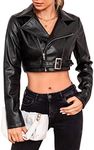 WDIRARA Women's PU Leather Zipper Buckle Belted Long Sleeve Motorcycle Crop Jacket Black S
