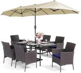 PHI VILLA 7 Piece Outdoor Dining Set with Umbrella, 60” Rectangular Metal Dining Table & 6 Cushioned Rattan Wicker Chairs & 13ft Large Beige Umbrella for Patio, Deck, Yard, Porch
