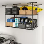 FLEXIMOUNTS 4x8 Double Layer Overhead Garage Storage Rack – Adjustable Heavy Duty Metal Garage Ceiling Storage Racks, 1000 lbs Capacity – Garages Organization System for 10–15 ft Tall Garages, Black