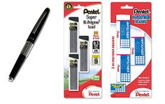 Pentel Sharp Kerry Mechanical Pencil, 0.50 mm, Metallic Black Barrel, 1 Unit (P1035A), with Lead and Eraser Refills (Bundle)