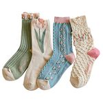 MarJunSep Cute Floral Crew Socks for Women Teen Girls Flower Cottagecore Frilly Vintage Fancy Cotton Socks, 4 Pairs a Pack, Medium