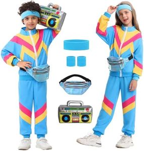 Ezuwail Kids 80s 90s Outfit for Boys Girls 6Pcs Unisex Retro Windbreaker for Toddler Workout Hip Hop Dance Tracksuit Costume Sets for Sportswear Streetwear