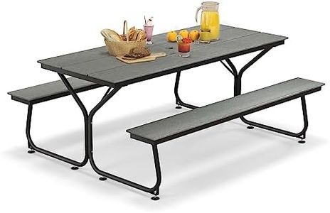 GOPLUS Ensemble Banc et Table de Pique-Nique pour 6 à 8 Personnes, 183CM Table Chaise Camping Exterieur en Métal avec Plateau en HDPE,Trou pour Parasol, pour Terrasse &Jardin, Charge 500KG (Gris)